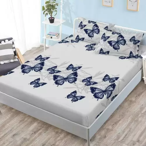 (OFERTA 3 la 159 Lei) Cearsaf cu elastic, FINET, 180x200cm, 2 fete de perne 50x70cm, Gri, Albastru, Fluturi