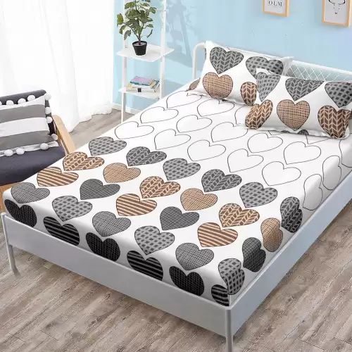 (OFERTA 3 la 159 Lei) Cearsaf cu elastic, FINET, 180x200cm, 2 fete de perne 50x70cm, Gri, inimioare