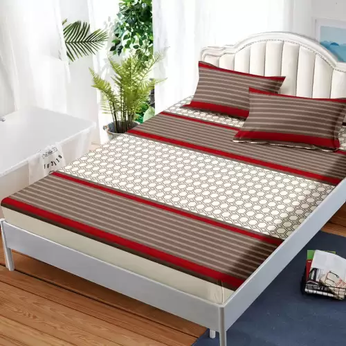 (OFERTA 3 la 159 Lei) Cearsaf cu elastic, FINET, 180x200cm, 2 fete de perne 50x70cm, Maro, dungi, forme geometrice