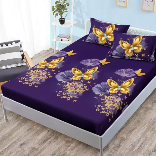 (OFERTA 3 la 159 Lei) Cearsaf cu elastic, FINET, 180x200cm, 2 fete de perne 50x70cm, Mov, fluturi