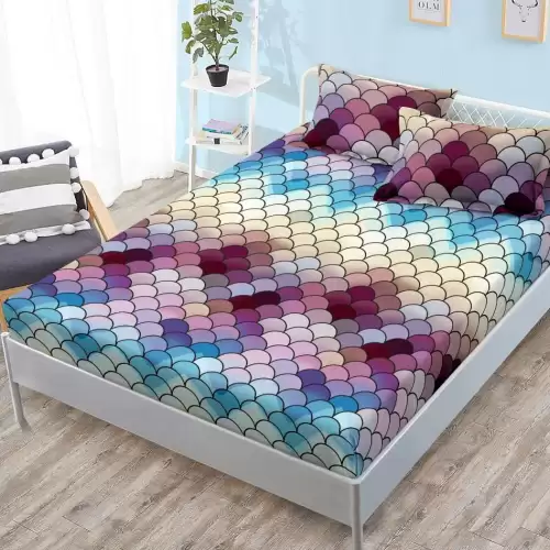 (OFERTA 3 la 159 Lei) Cearsaf cu elastic, FINET, 180x200cm, 2 fete de perne 50x70cm, Mov, solzi