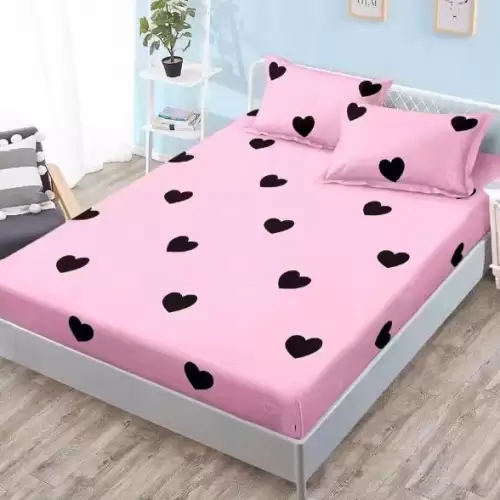 (OFERTA 3 la 159 Lei) Cearsaf cu elastic, FINET, 180x200cm, 2 fete de perne 50x70cm, Roz, inimioare