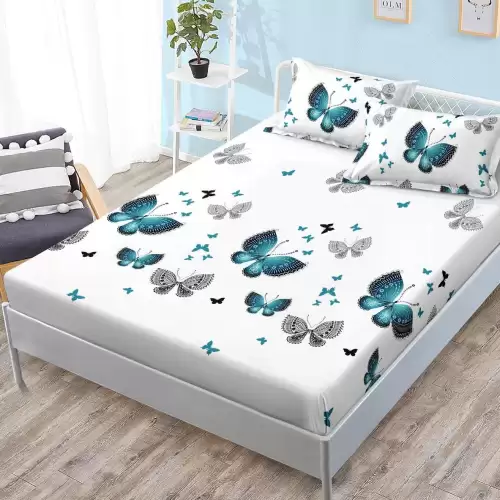 (OFERTA 3 la 159 Lei) Cearsaf cu elastic, FINET, 180x200cm, 2 fete de perne 50x70cm, Turquoise, fluturi