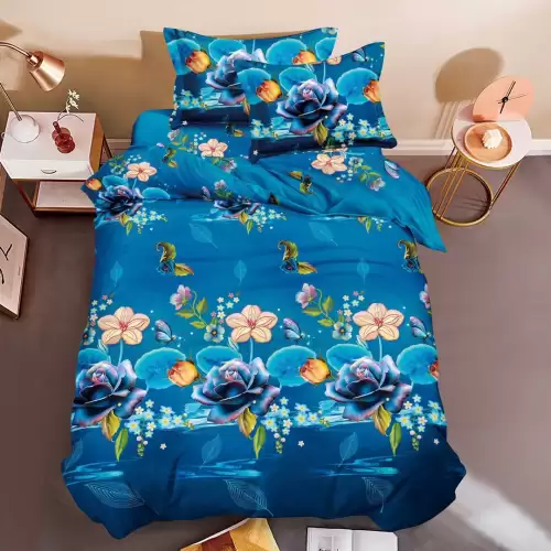 (OFERTA 3 la 199 Lei) Lenjerie pat 1 PERSOANA, 3 piese, IMPRIMEU 3D Multiplicat, Microfibra, Albastru, flori
