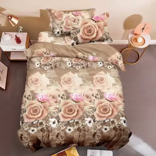 (OFERTA 3 la 199 Lei) Lenjerie pat 1 PERSOANA, 3 piese, IMPRIMEU 3D Multiplicat, Microfibra, Bej, trandafiri