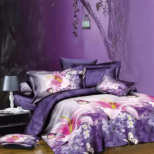(OFERTA 3 la 199 Lei) Lenjerie pat 1 PERSOANA, 3 piese, IMPRIMEU 3D Multiplicat, Microfibra, Mov, flori, fluturi