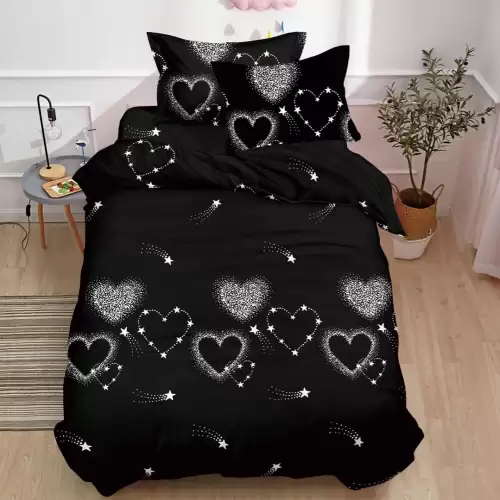 (OFERTA 3 la 199 Lei) Lenjerie pat 1 PERSOANA, 3 piese, IMPRIMEU 3D Multiplicat, Microfibra, Negru, inimioare, stelute