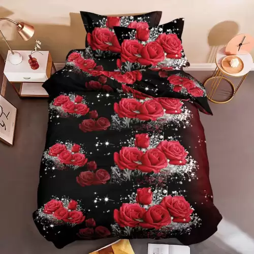 (OFERTA 3 la 199 Lei) Lenjerie pat 1 PERSOANA, 3 piese, IMPRIMEU 3D Multiplicat, Microfibra, Negru-Rosu, trandafiri