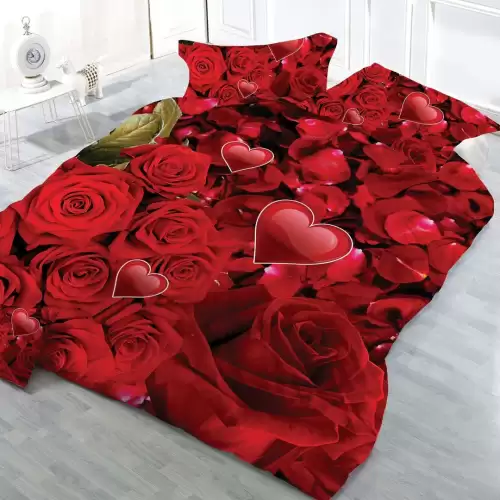 (OFERTA 3 la 199 Lei) Lenjerie pat 1 PERSOANA, 3 piese, IMPRIMEU 3D Multiplicat, Microfibra, Rosu, trandafiri