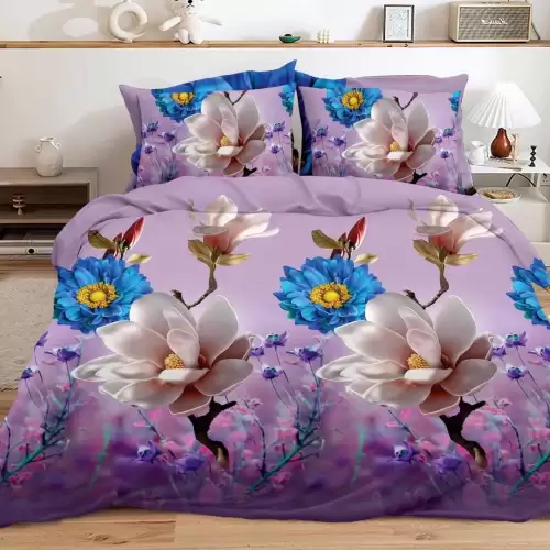 (OFERTA 3 la 199 Lei) Lenjerie pat dublu, 4 piese, IMPRIMEU 3D Multiplicat Multiplicat, Microfibra, Lila, flori