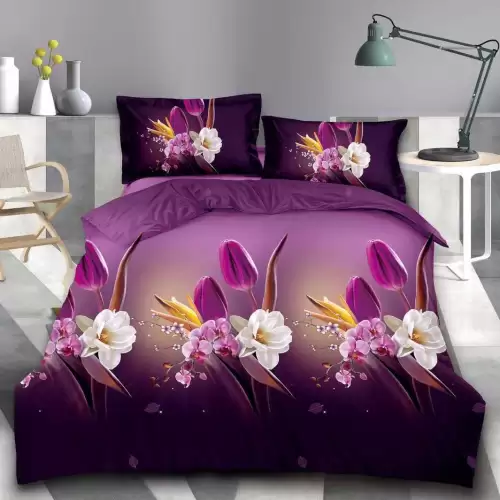 (OFERTA 3 la 199 Lei) Lenjerie pat dublu, 4 piese, IMPRIMEU 3D Multiplicat Multiplicat, Microfibra, Mov, flori