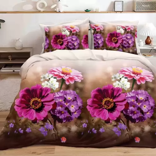 (OFERTA 3 la 199 Lei) Lenjerie pat dublu, 4 piese, IMPRIMEU 3D Multiplicat Multiplicat, Microfibra, Mov, flori