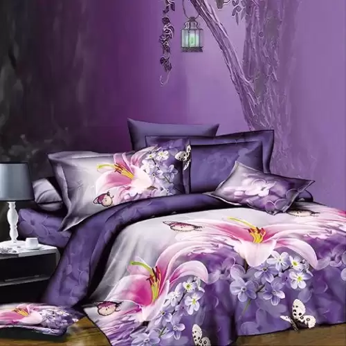 (OFERTA 3 la 199 Lei) Lenjerie pat dublu, 4 piese, IMPRIMEU 3D Multiplicat Multiplicat, Microfibra, Mov, fluturi, flori