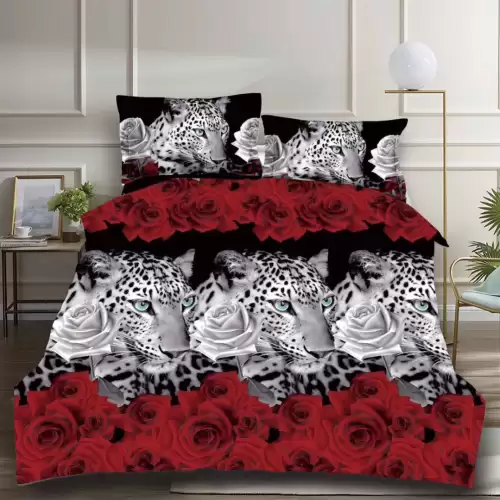 (OFERTA 3 la 199 Lei) Lenjerie pat dublu, 4 piese, IMPRIMEU 3D Multiplicat Multiplicat, Microfibra, Negru-Rosu, leoparzi, trandafiri