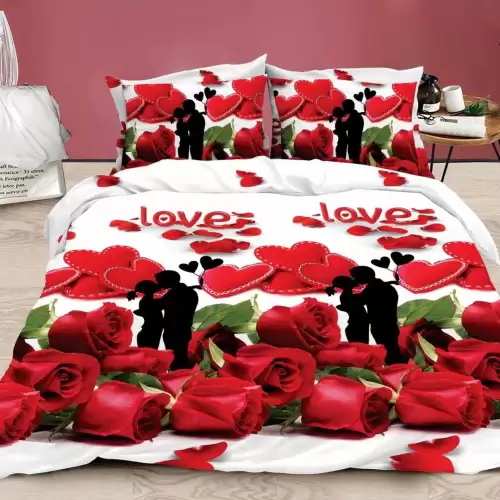 (OFERTA 3 la 199 Lei) Lenjerie pat dublu, 4 piese, IMPRIMEU 3D Multiplicat Multiplicat, Microfibra, Rosu, indragostiti, trandafiri