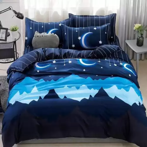 (OFERTA 3 la 199 Lei) Lenjerie pat dublu cu doua feţe, 4 piese, Finet Soft, Albastru, munti, stelute