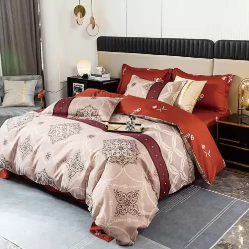 (OFERTA 3 la 199 Lei) Lenjerie pat dublu cu doua feţe, 4 piese, Finet Soft, Caramiziu, model oriental