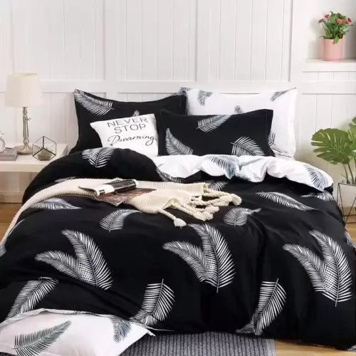 (OFERTA 3 la 199 Lei) Lenjerie pat dublu cu doua feţe, 4 piese, Finet Soft, Negru, frunze