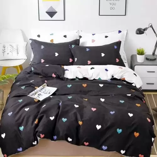 (OFERTA 3 la 199 Lei) Lenjerie pat dublu cu doua feţe, 4 piese, Finet Soft, Negru, inimioare