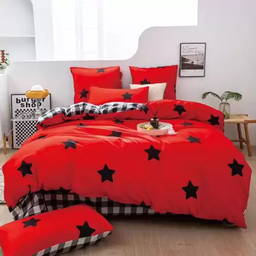 (OFERTA 3 la 199 Lei) Lenjerie pat dublu cu doua feţe, 4 piese, Finet Soft, Rosu, stelute