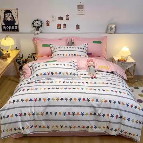 (OFERTA 3 la 199 Lei) Lenjerie pat dublu cu doua feţe, bumbac satinat, 4 piese, Alb, stelute