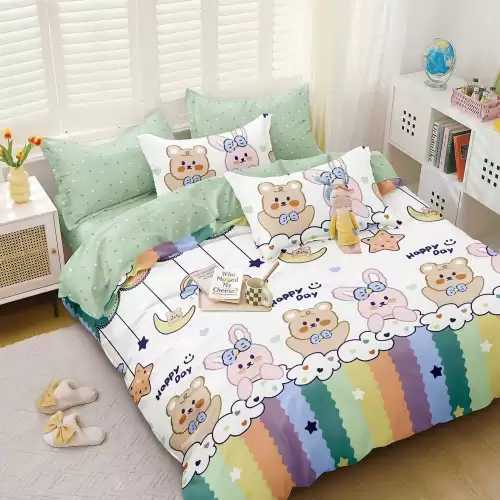 (OFERTA 3 la 199 Lei) Lenjerie pat dublu cu doua feţe, bumbac satinat, 4 piese,  Alb, Verde, iepurasi