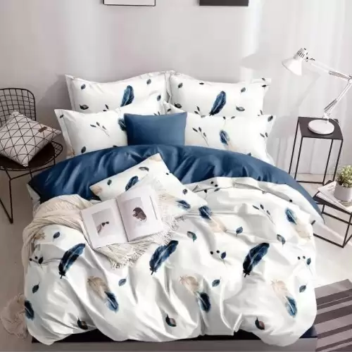 (OFERTA 3 la 199 Lei) Lenjerie pat dublu cu doua feţe, bumbac satinat, 4 piese,  Albastru, pene