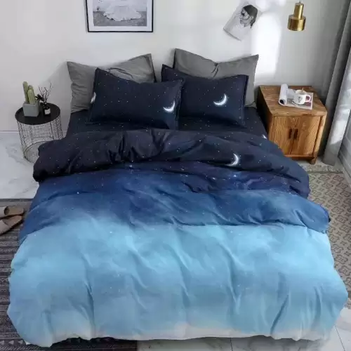 (OFERTA 3 la 199 Lei) Lenjerie pat dublu cu doua feţe, bumbac satinat, 4 piese, Albastru, stelute