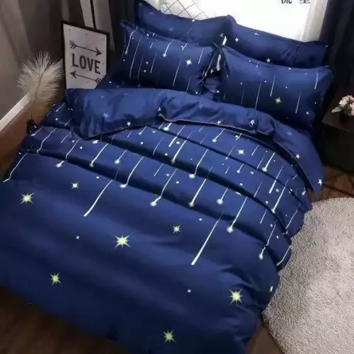 (OFERTA 3 la 199 Lei) Lenjerie pat dublu cu doua feţe, bumbac satinat, 4 piese,  Albastru, stelute