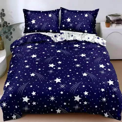 (OFERTA 3 la 199 Lei) Lenjerie pat dublu cu doua feţe, bumbac satinat, 4 piese, Albastru, stelute