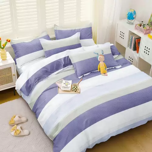 (OFERTA 3 la 199 Lei) Lenjerie pat dublu cu doua feţe, bumbac satinat, 4 piese, Bleu, dungi