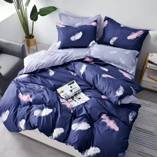 (OFERTA 3 la 199 Lei) Lenjerie pat dublu cu doua feţe, bumbac satinat, 4 piese,  Bleumarin, pene