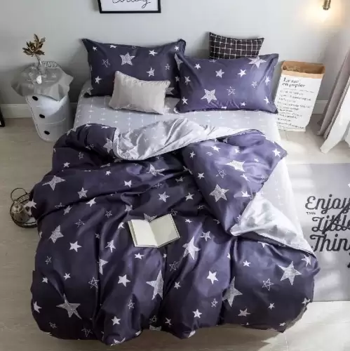 (OFERTA 3 la 199 Lei) Lenjerie pat dublu cu doua feţe, bumbac satinat, 4 piese,  Bleumarin, stelute