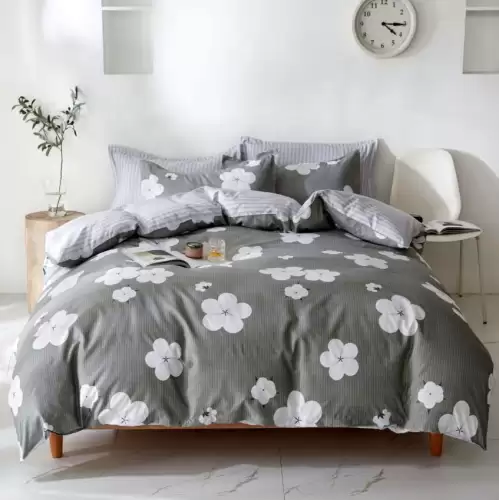 (OFERTA 3 la 199 Lei) Lenjerie pat dublu cu doua feţe, bumbac satinat, 4 piese,  Gri, flori