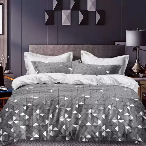 (OFERTA 3 la 199 Lei) Lenjerie pat dublu cu doua feţe, bumbac satinat, 4 piese,  Gri, forme geometrice