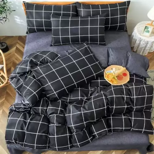 (OFERTA 3 la 199 Lei) Lenjerie pat dublu cu doua feţe, bumbac satinat, 4 piese, Gri, patratele