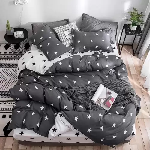 (OFERTA 3 la 199 Lei) Lenjerie pat dublu cu doua feţe, bumbac satinat, 4 piese, Gri, stelute