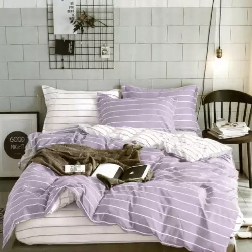 (OFERTA 3 la 199 Lei) Lenjerie pat dublu cu doua feţe, bumbac satinat, 4 piese, Lila, dungi