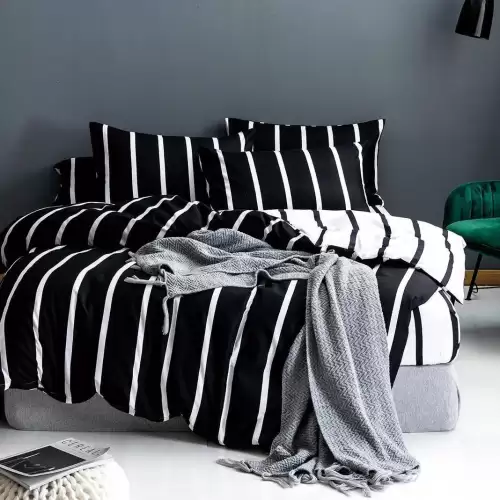 (OFERTA 3 la 199 Lei) Lenjerie pat dublu cu doua feţe, bumbac satinat, 4 piese,  Negru, dungi