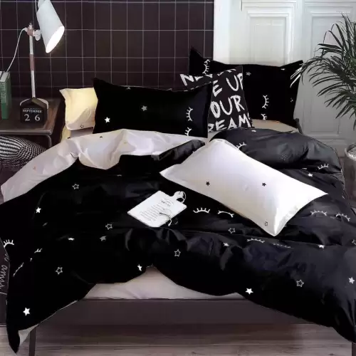 (OFERTA 3 la 199 Lei) Lenjerie pat dublu cu doua feţe, bumbac satinat, 4 piese,  Negru, gene