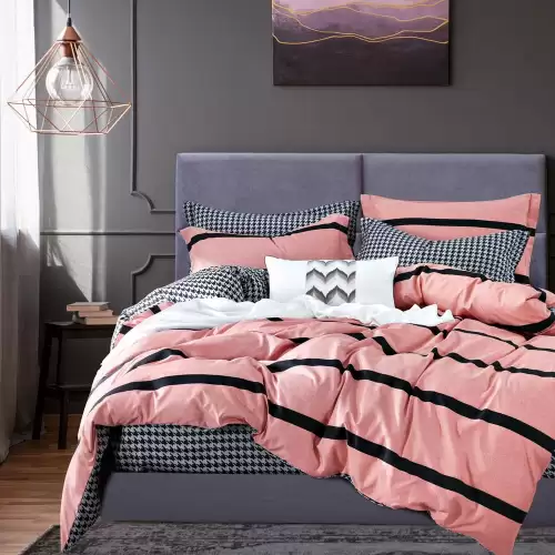 (OFERTA 3 la 199 Lei) Lenjerie pat dublu cu doua feţe, bumbac satinat, 4 piese,  Roz, dungi