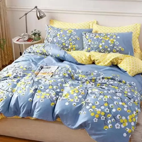 (OFERTA 3 la 199 Lei) Lenjerie pat dublu cu ELASTIC (160x200cm, 180x200cm), Finet Soft, 4 piese, Bleu, floricele