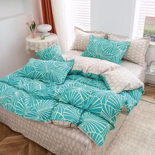 (OFERTA 3 la 199 Lei) Lenjerie pat dublu cu ELASTIC (160x200cm, 180x200cm), Finet Soft, 4 piese, Turquoise, abstract