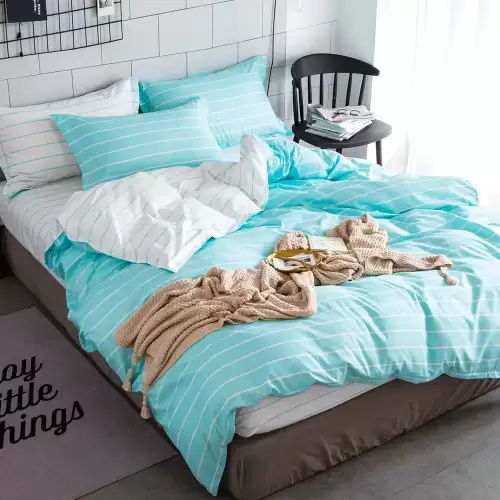 (OFERTA 3 la 219 Lei) Lenjerie pat dublu cu Elastic (160x200cm si 180x200cm), bumbac satinat, Alb, Bleu, dungi