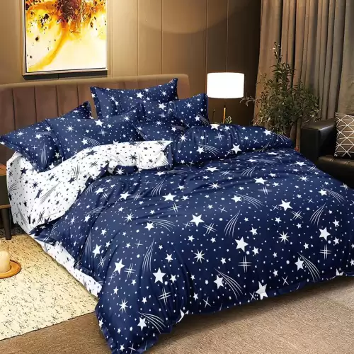 (OFERTA 3 la 219 Lei) Lenjerie pat dublu cu Elastic (160x200cm si 180x200cm), bumbac satinat, Albastru, stelute