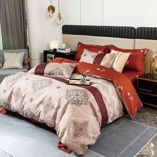 (OFERTA 3 la 219 Lei) Lenjerie pat dublu cu Elastic (160x200cm si 180x200cm), bumbac satinat, Bej, oriental