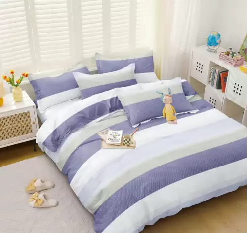 (OFERTA 3 la 219 Lei) Lenjerie pat dublu cu Elastic (160x200cm si 180x200cm), bumbac satinat, Bleu, dungi