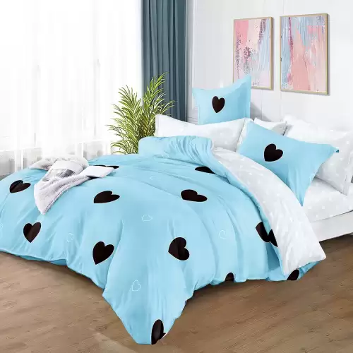 (OFERTA 3 la 219 Lei) Lenjerie pat dublu cu Elastic (160x200cm si 180x200cm), bumbac satinat, Bleu, inimioare