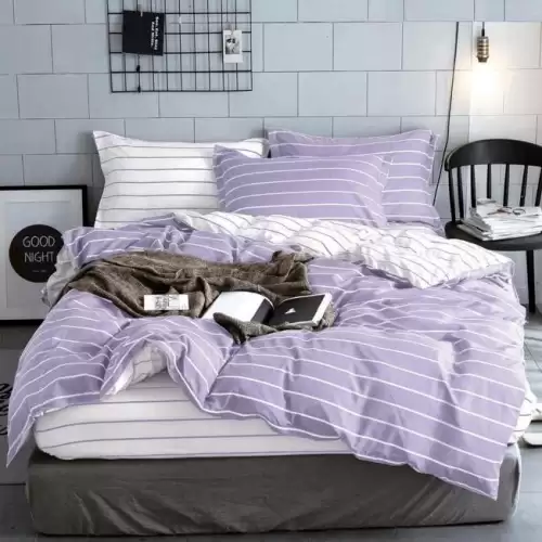 (OFERTA 3 la 219 Lei) Lenjerie pat dublu cu Elastic (160x200cm si 180x200cm), bumbac satinat, Lila, dungi