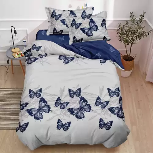 (OFERTA TRIO) Lenjerie pat 1 PERSOANA,  FINET, 4 piese, cu ELASTIC, Albastru, fluturi